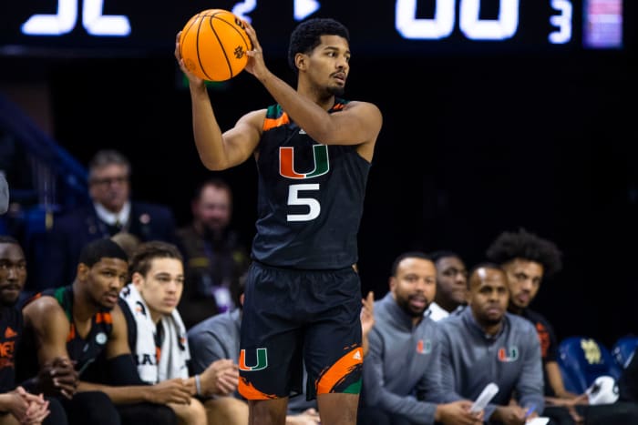 Miami's Harlond Beverly (5) during the second half of an NCAA college basketball game against Notre Dame Friday, Dec. 30, 2022 in South Bend, Ind.